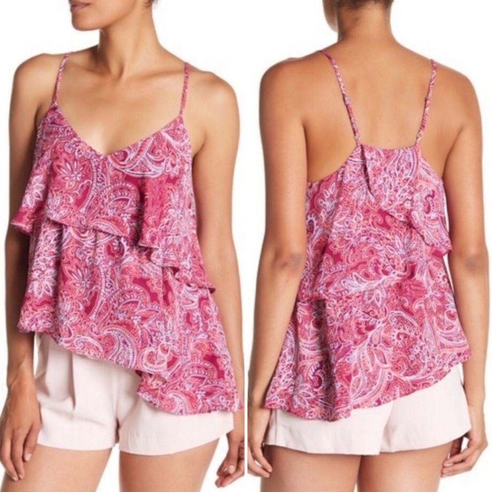 Parker Asymmetrical Paisley Flounce Boho Camisole Top Sz L NWT